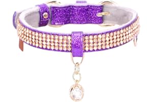 PetsHome Cat Collar, Dog Collar, [Bling Rhinestones] Premium PU Leather with Pendant Adjustable Collars for Big Cat and Small to Medium Dog Small Purple