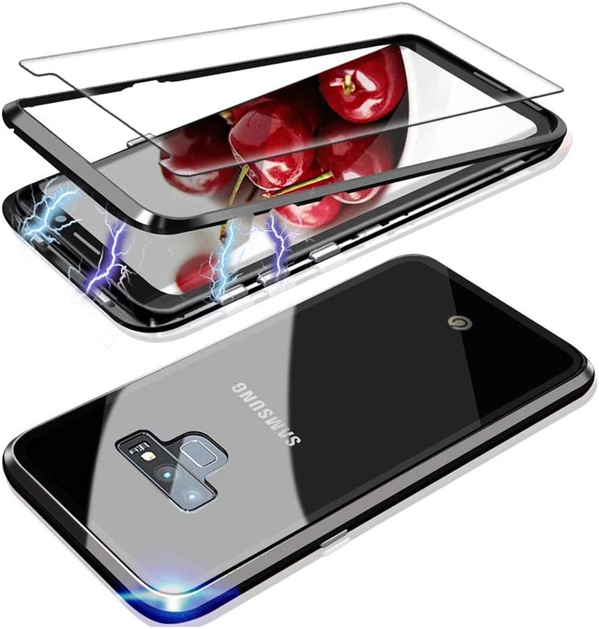 Case for Samsung Galaxy Note 8,Ultra Thin Metal Frame Case,Magnetic Adsorption Aluminum Alloy Flip Cover,9H Tempered Glass Back Cover Phone Case Clear Black,with Screen Protector