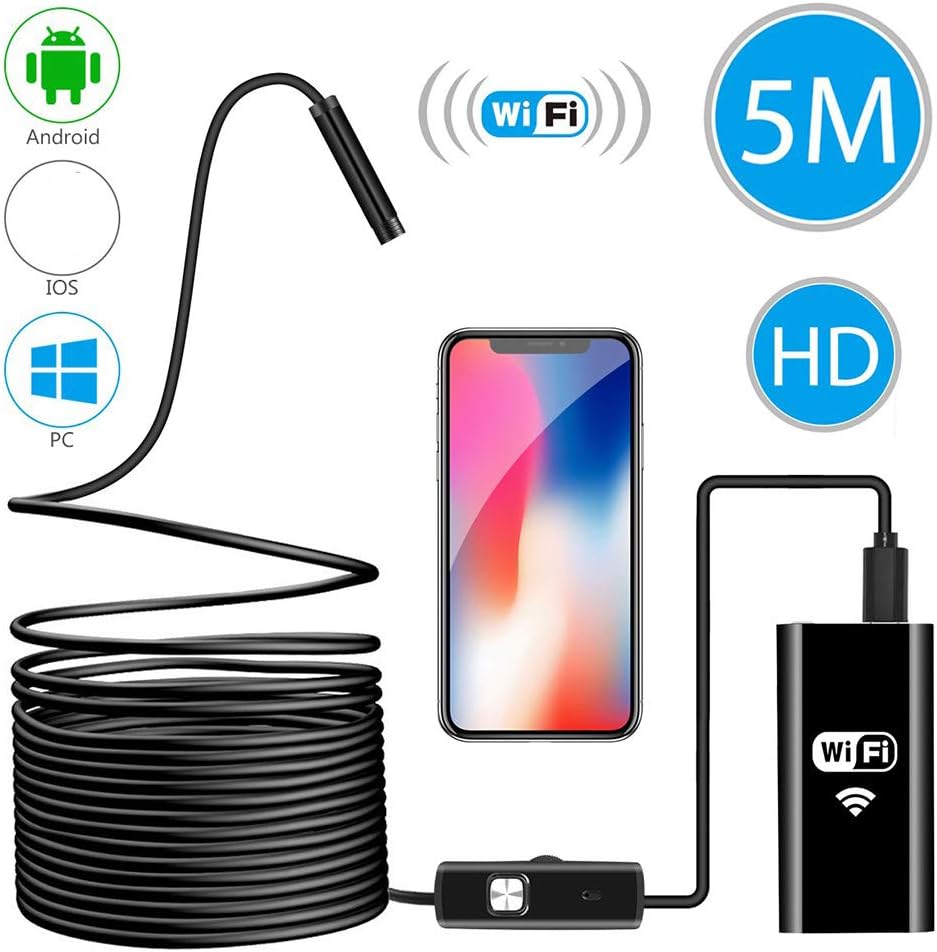 Wireless Endoscope, WiFi Borescope Inspection Camera 2.0 Megapixels HD Waterproof Snake Camera Pipe Drain with 8 Adjustable Led for Android & iOS Smart phone-5M