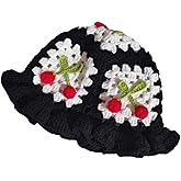 Crochet Bucket Hat for Women Handmade Knitted Beach Sun Hat Cherry Headwear for Teens Vacation Traveling