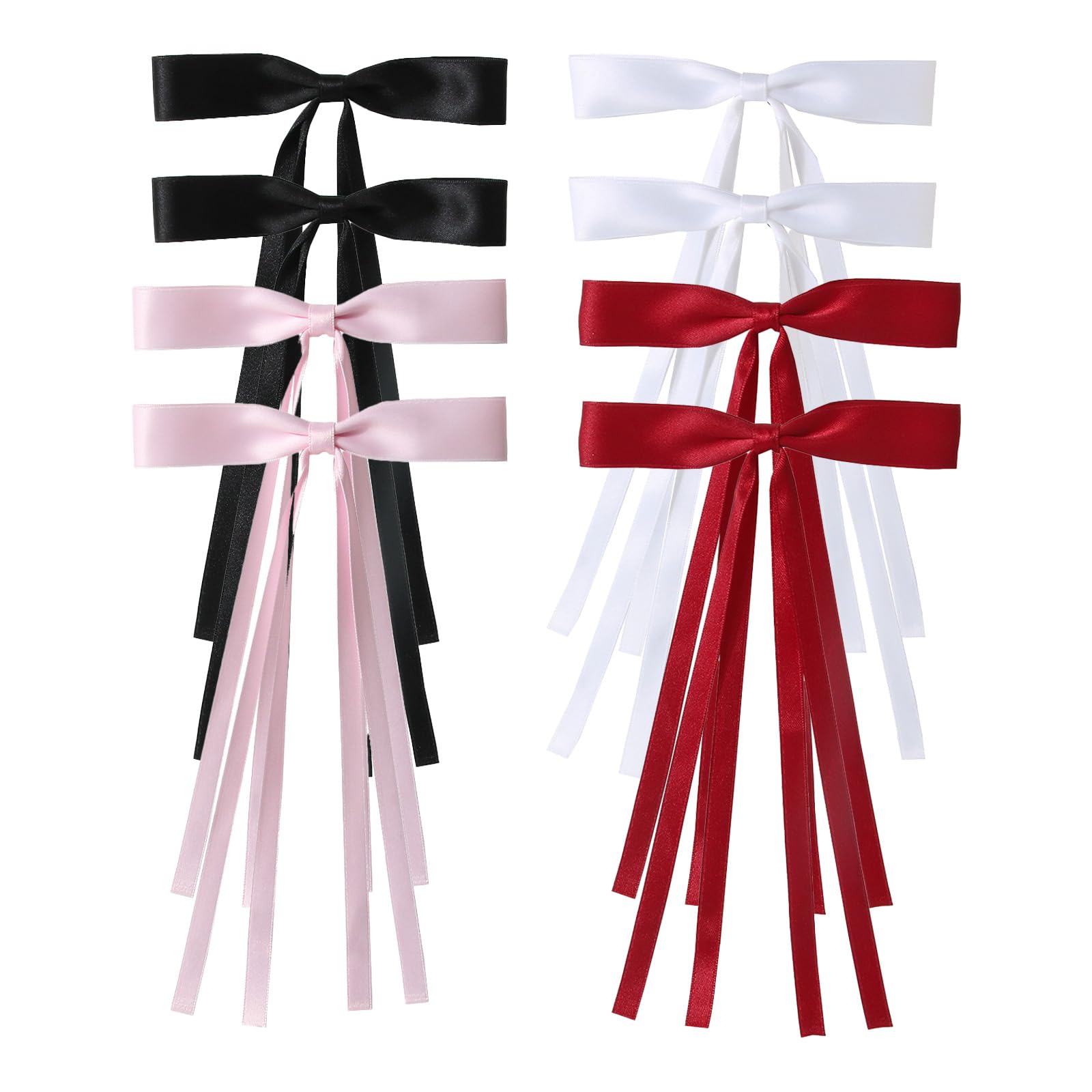 FEXPDL 8 Pack Bow Hair Clips for Women, Tassel Hair Ribbons Bows Barrettes Clip with Long Tail for Girls Womens,Hair Accessories Ribbons Bows Clips(White,Red,Pink,Black)