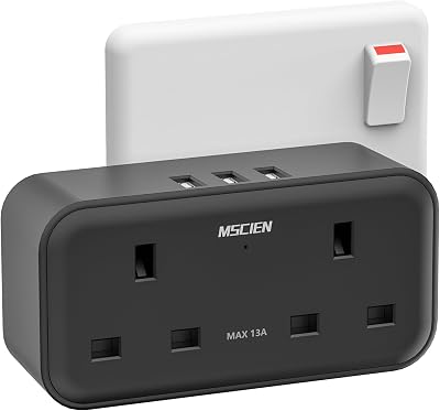 Mscien Double Plug Adaptor with 3 USB 13A UK Multiplug Extender Black