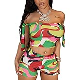 Mandonce Shorts Sets Women 2 Piece Outfits Off The Shoulder Strappy Tie Sleeveless Crop Top and Bodycon Shorts Clubwear Sexy
