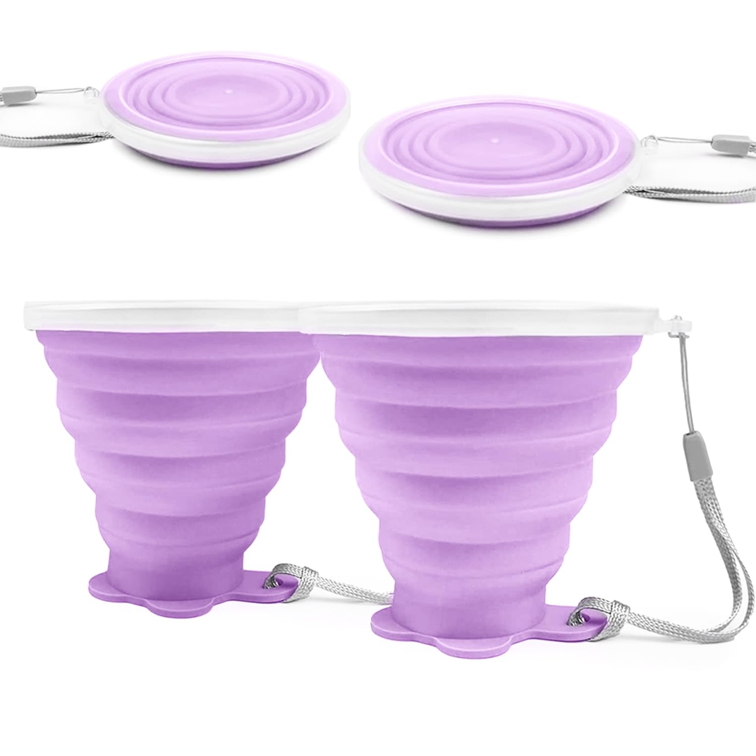 FUZVOL Silicone Foldable Mug with Plastic Sealing Lid for Camping,2 Pack Collapsible Silicon Cup for Travel,BPA Free Portable Drink Mugs Reusable Cups Retractable Mugs for Outdoor Hiking Purple