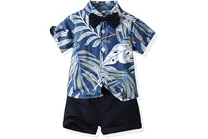 Toddler Baby Boy Summer Hawaiian Outfit Floral Shirt + Solid Shorts Little Gentleman Button Down Bowtie Suit Set