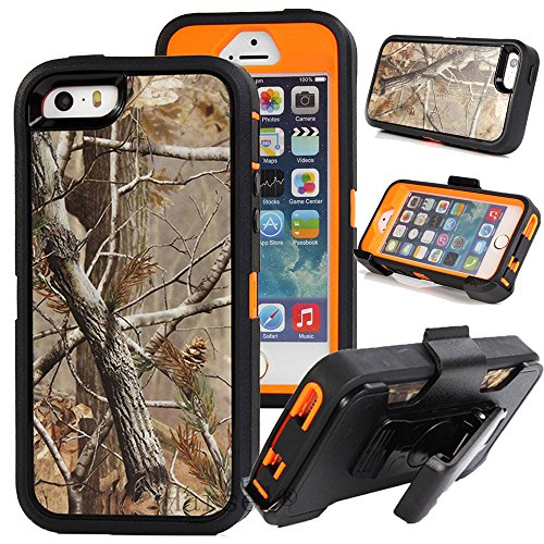 Harsel for iphone 5/5s,Shockproof Rugged Heavy Duty Armor Defender Hybrid Protective Cover Case w/ Belt Clip Holster Built-in Screen Protector Camo Pink Tree/Forest/Tree/Grass/Leaves i5(Tree Orange)
