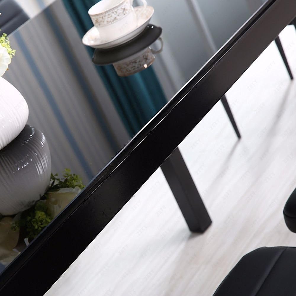 IDS Online 7 Pieces Modern Glass Dining Table Set Faxu Leather With 6 Chairs Black. - Table & Chair Sets