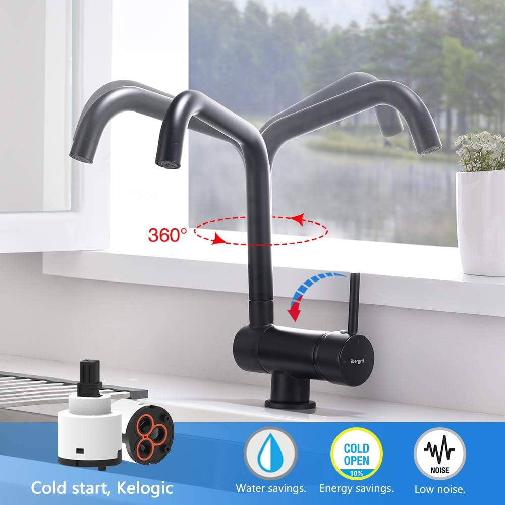 Ibergrif, Folding Kitchen Tap with Rotation Spout, Sink Mixer Ideal for Window Installation, Black - Image 5