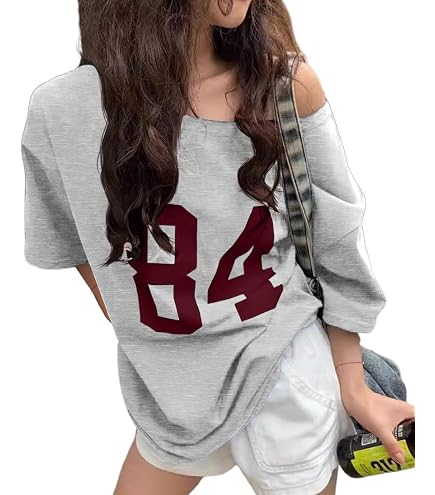Women's Oversized Jersey Off Shoulder Shirt Crewneck Number