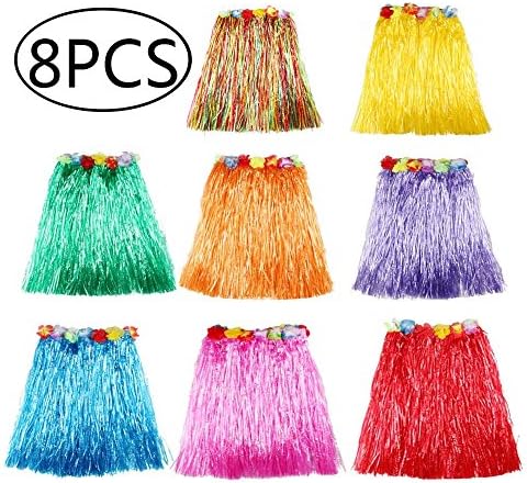 8 Pack Multicolor Hawaiian Luau Hula Skirts, Plastic Elastic Dancer Grass with Faux Flowers Waistband, Birthday Costume Party Decorations Favors Supplies – Length 15.7”