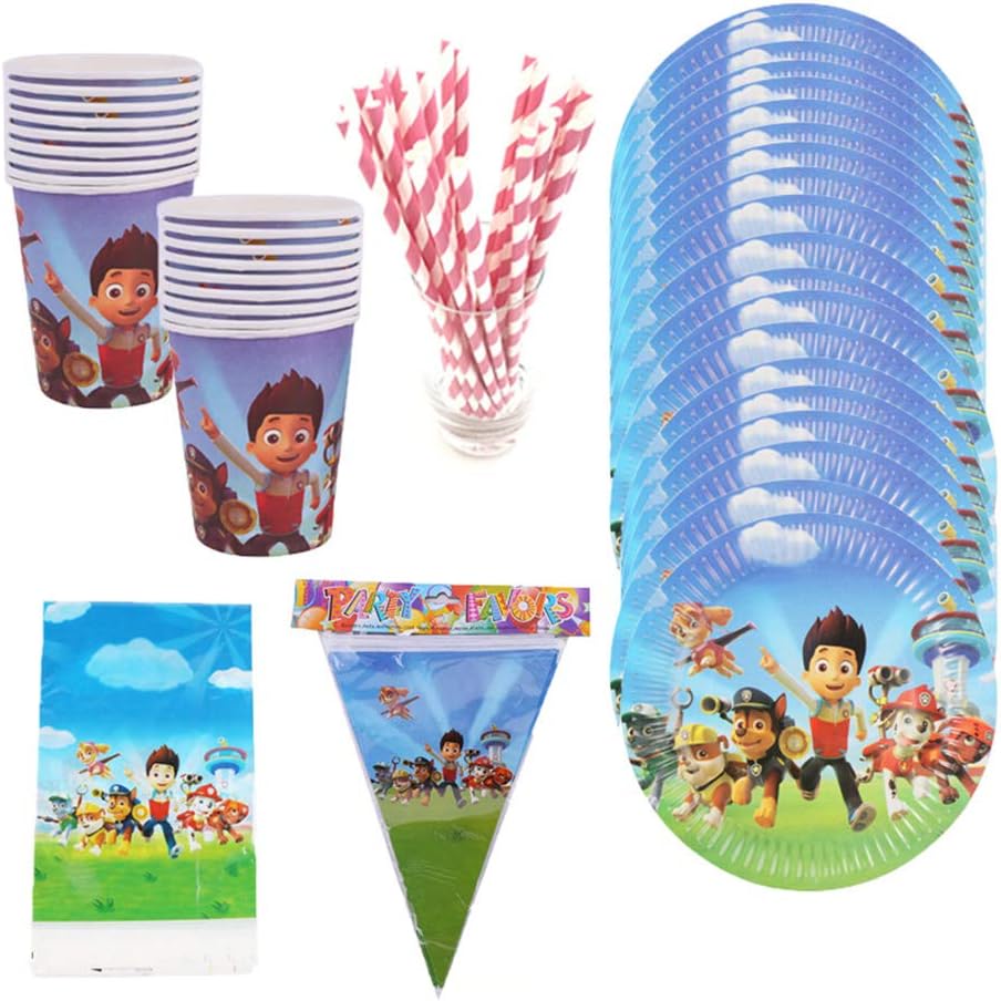 Paw Patrol Theme Party Supplies Pack For 20 Guest Includes 20 7inch Plates, 20 Cups, 25 Straws, 1 Tablecloth, 1 Triangle Banner, Birthday Party Supplies Decorations