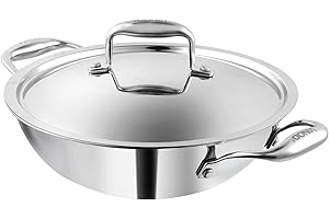 Vinod Platinum Triply Stainless Steel Kadai | Suitable for Indian Cooking, Sauces, Stews, Soups | Extra Deep Kadai with Lid |