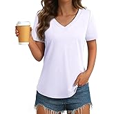 GKBK Womens T Shirts V Neck Short Sleeve Cotton Tops Summer Curved Hem Trendy Basic Tee Shirt White S