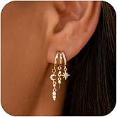 Gold Dangle Earrings for Women,Dainty 14k Gold Plated Triple Huggie Stud Earrings Statement Cross Chain Earring Dainty Moon Star Drop Earrings for Women Trendy Gothic Jewelry Unique Gifts Stuff