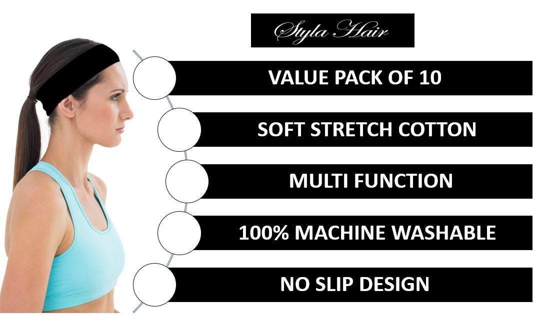 Styla Hair 10 Pack Yoga Headbands - Stretchy Cotton Sports Head Band - Variety Colors : Beauty