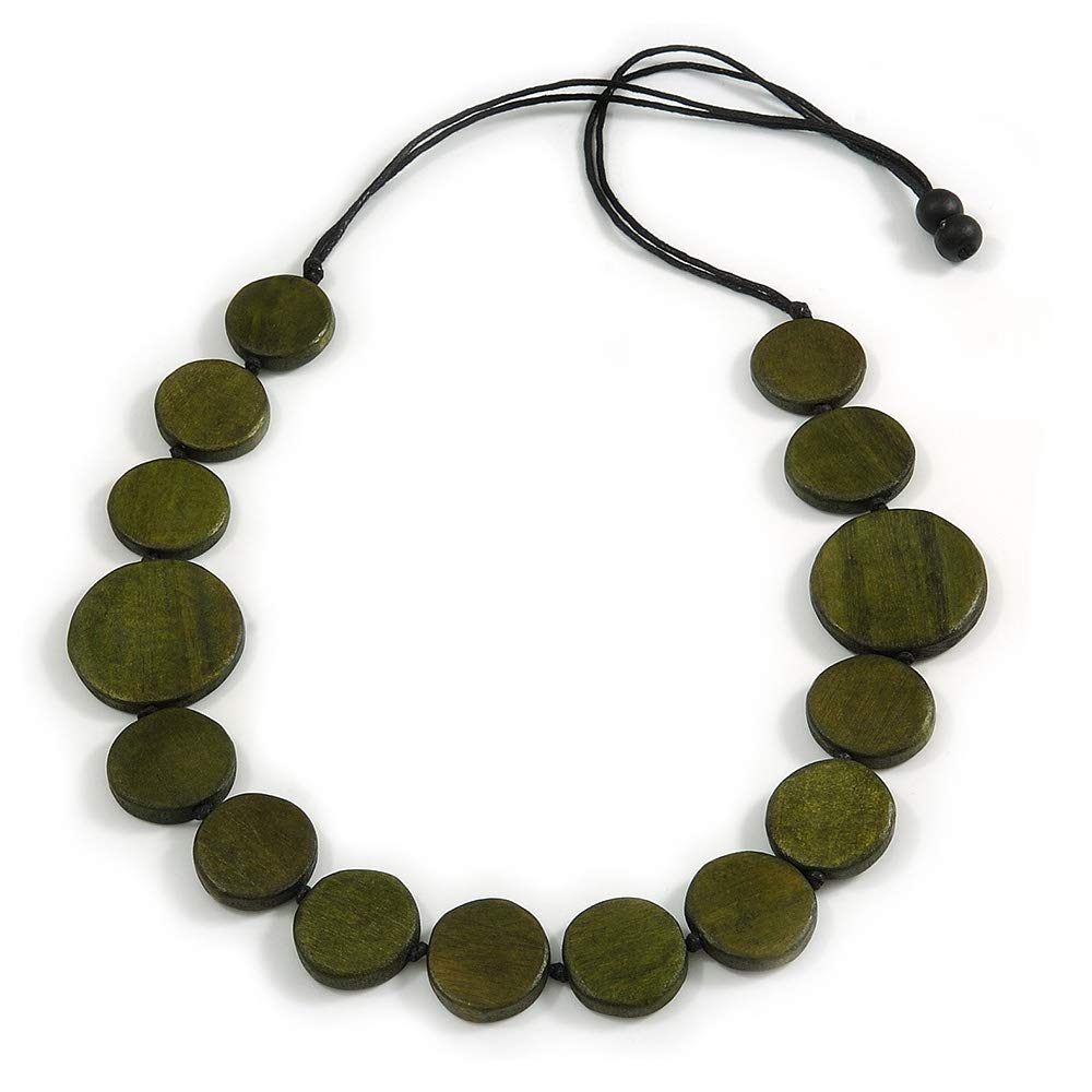 Avalaya Worn Effect Dark Green Wood Button Bead Necklace with Waxed Cotton Cord - Adjustable - 84cm Long
