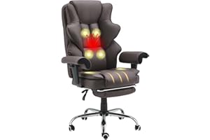 HOMREST 6-Point Massage Executive Chair, Ergonomic Heated Office Chair, Home Office Desk Chair with Adjustable Backrest and Armrests, Leather Computer Chair with Retractable Footrest(Brown)