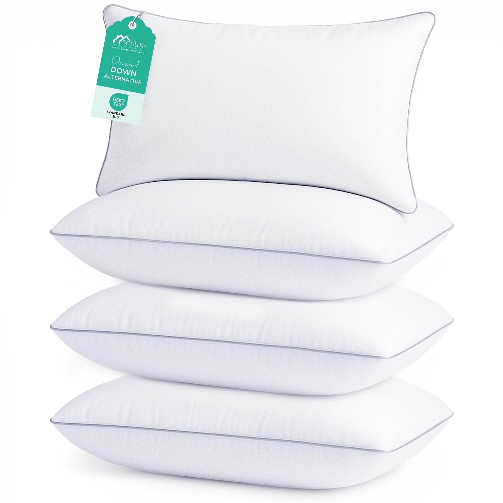 Photo 1 of Sasttie Pillows Standard Size Set of 4, Full Size Bed Pillows for Side, Back, and Stomach Sleepers - Oeko-Tex Certified Down Alternative Plump Filling - Hotel Quality and Machine Washable, 4 Pack