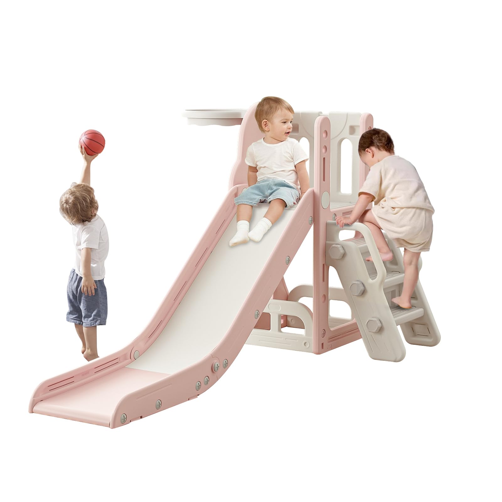Baotree Toddler Slide,Kids Climber Slide with Storage Space and Non-Slip Steps,Indoor Outdoor Playset with Basketball Hoopa and Telescope,Slide for Toddlers Age 1-3 (Pink)