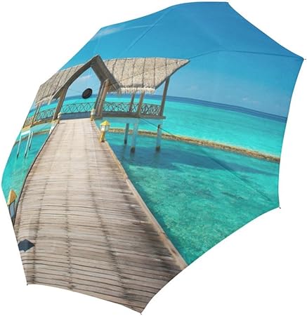 Amazon Com Interestprint Summer Tropical Sea Ocean With Maldives Jetty Windproof Compact One Hand Auto Open And Close Folding Umbrella Rain Outdoor Unbreakable Travel Umbrella Garden Outdoor