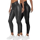 Huukeay 2 Pack Women's Faux Leather Leggings High Waist Stretch Matte Yoga Pants Athletic Dressy Pleather Soft Tights