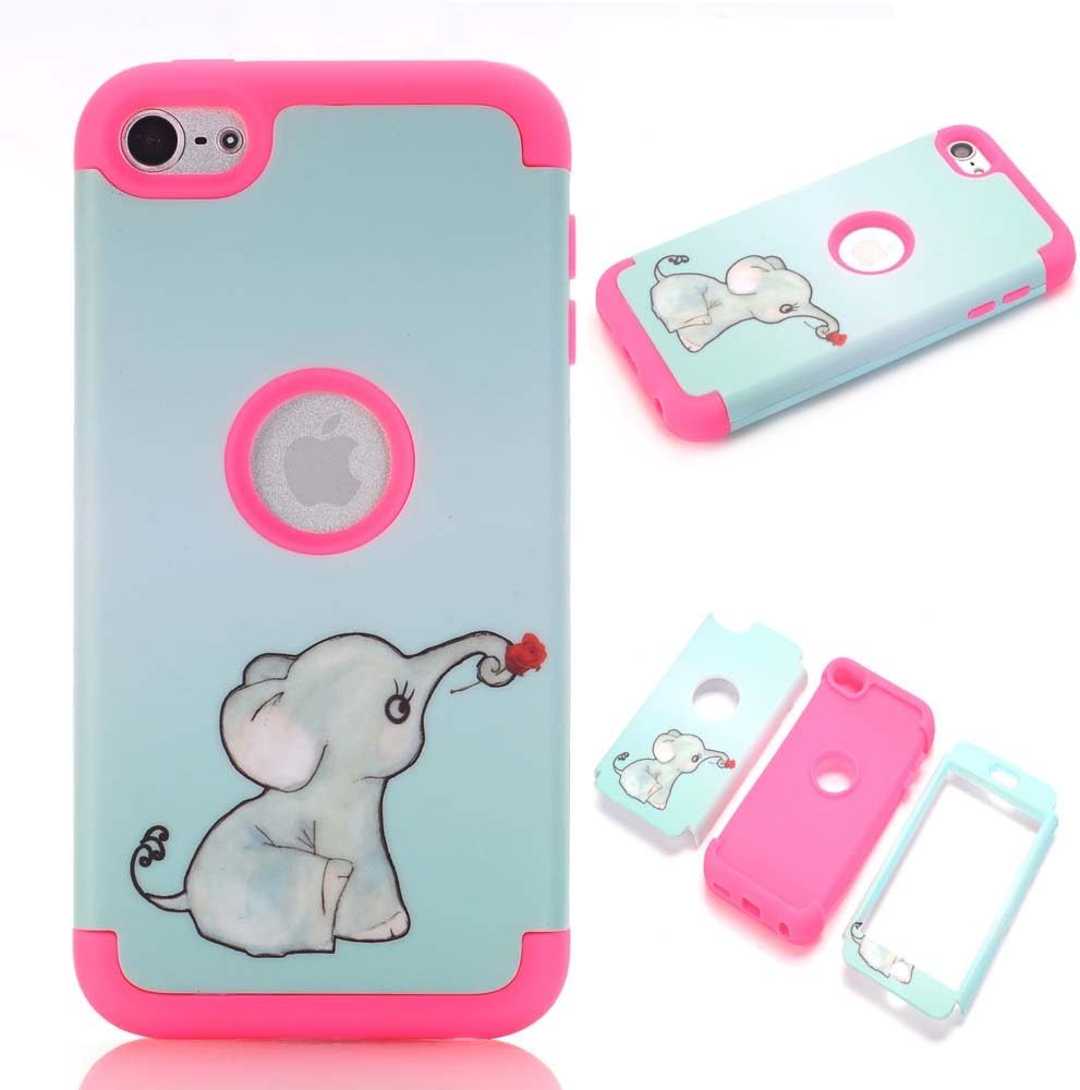 iPod touch 6 Case,iPod touch 5 Case,JMcase[Lovely Elephant Series](RoseRed)Full-body 3 IN 1 Bumper Protective Case Cover Fit for Apple iPod touch 5 6th Generation,Sent Stylus and Screen Protector
