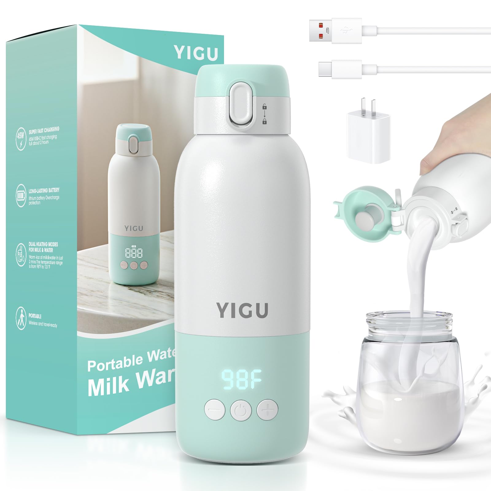Photo 1 of YIGU Portable Travel Bottle Warmer, 13500mAh Battery, 80W Fast Heating of Breast Milk and Formula, 12 oz Large Capacity, with 18W Fast Charging Adapter, Precise Temperature Control, Leak-Proof