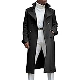 Ebifin Men's Notch Lapel Double Breasted Long Trench Coat Casual Cotton Blend Peacoat