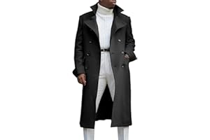 Ebifin Men's Notch Lapel Double Breasted Long Trench Coat Casual Cotton Blend Peacoat