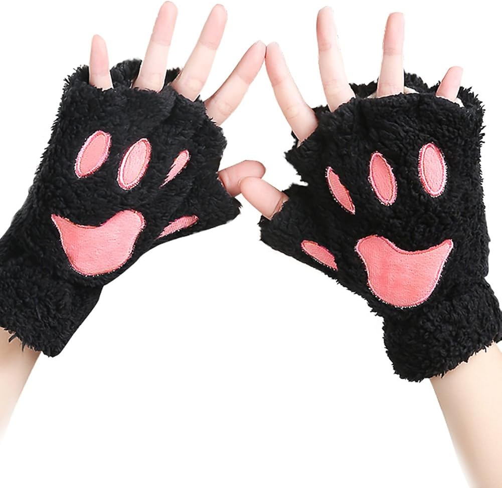 Loritta 2 Pairs Womens Cat Paw Gloves Winter Plush Faux Fur Cute Kitten Fingerless Mittens, Black + Gray(2 Pairs) at  Women’s Clothing store
