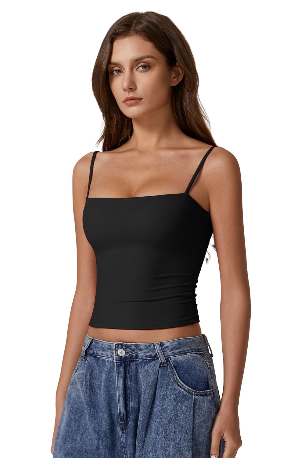 QINSEN Women's Double Lined Basic Tank Top Adjustable Spaghetti Straps Sleeveless Camisole Shirts