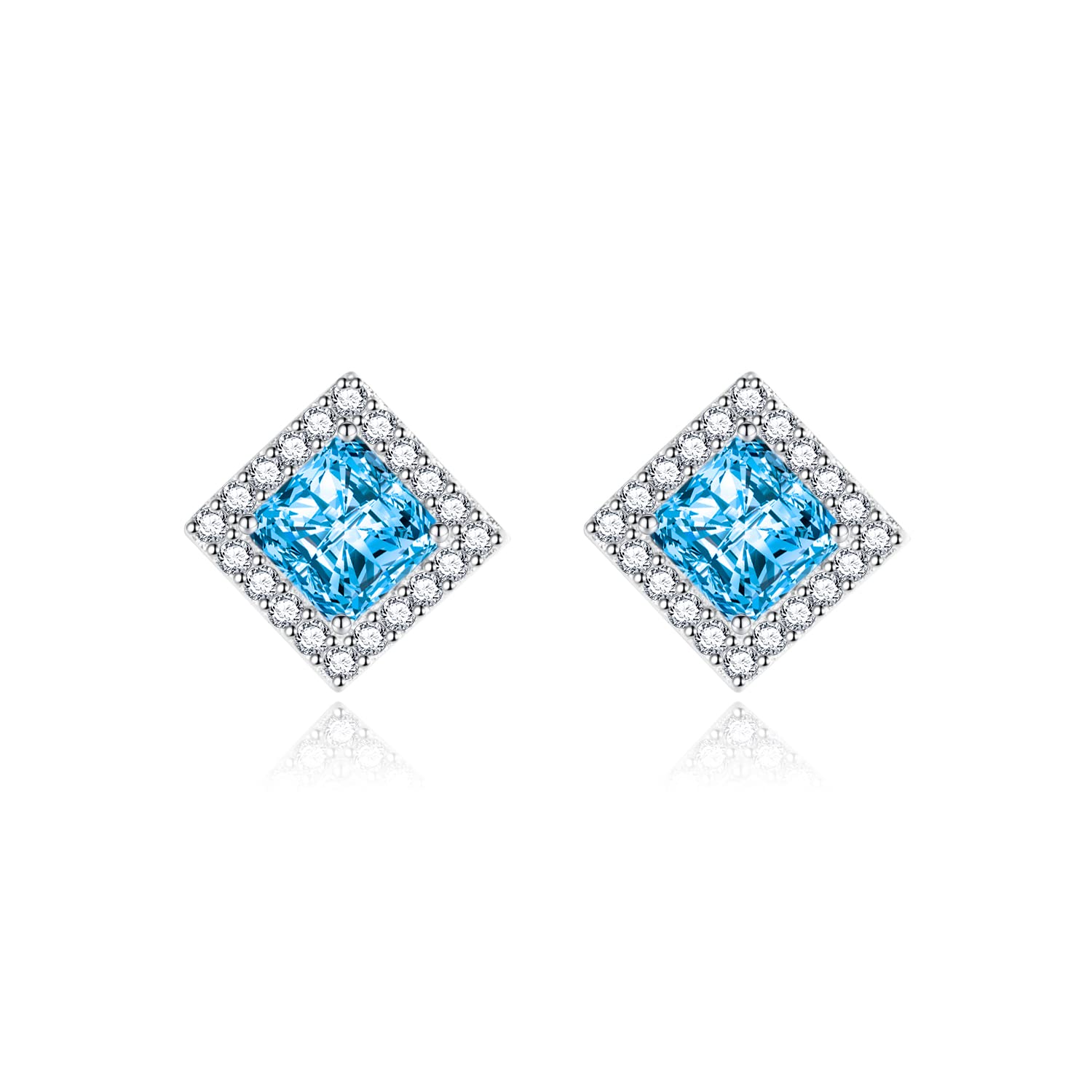 Shuxin Sterling Silver Stud Earrings for Women, Silver Square Cubic Zirconia Stud Earrings, Big Blue Faux Crystal Diamond Gemstone Studs Earrings, Bridal Earrings for Brides Bridesmaids Wedding