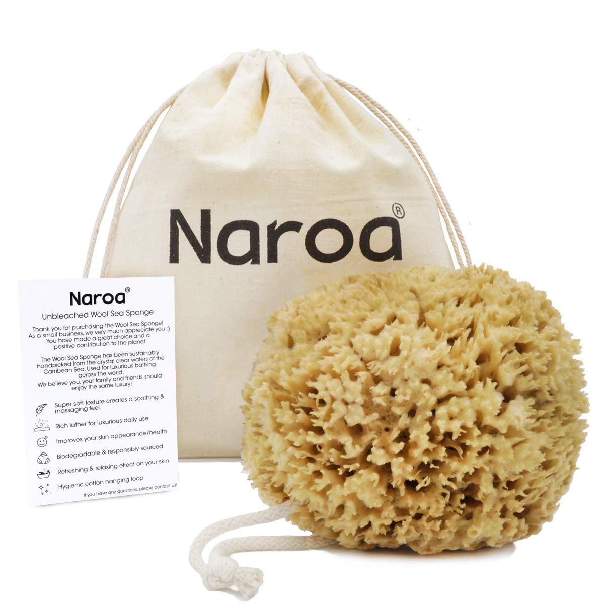 Naroa Soft Wool Sea Sponge | Natural Unbleached Shower Pouf Hypoallergenic Body Massage Bathing