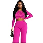 Sexy Two Piece Outfits for Women Fall Winter Long Sleeve Twist Front Crop Top Pants Set Party Club Outfits