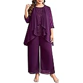CYCLAMEN Women's Plus Size 3 Piece Pantsuit Formal Wedding Guest Mother of The Bride Groom Lace Chiffon Elegant Outfit