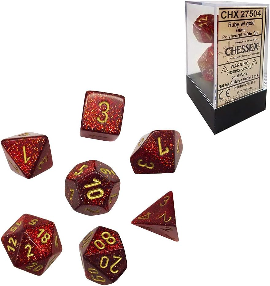 Glitter Polyhedral Ruby/Gold 7-Die Set, Ruby Red/Gold