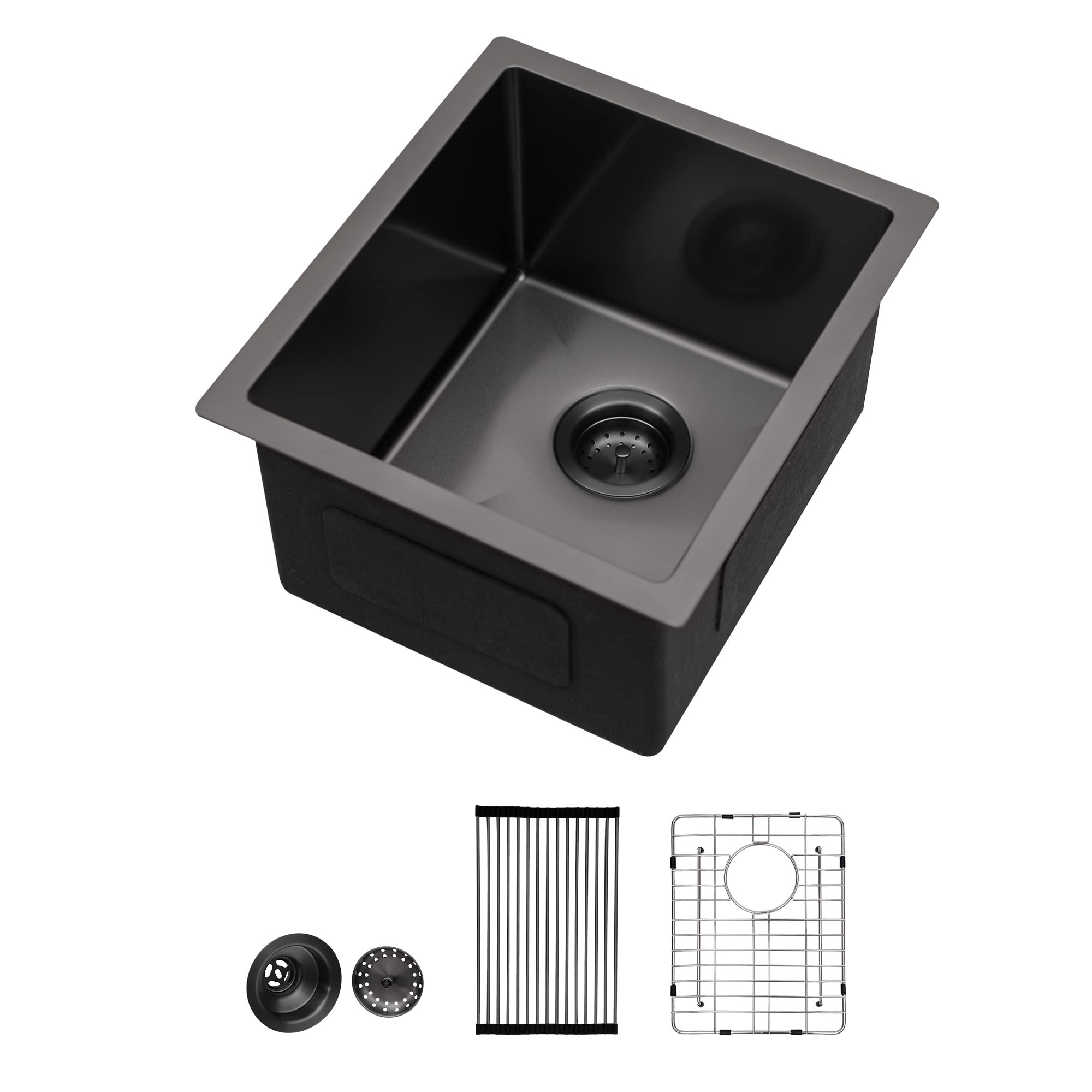 Lordear Black Undermount Bar Sink 13 x15 x 9 Inch Bar Prep Sinks Gunmetal Black Stainless Steel Handmade Kitchen Sink Basin Image