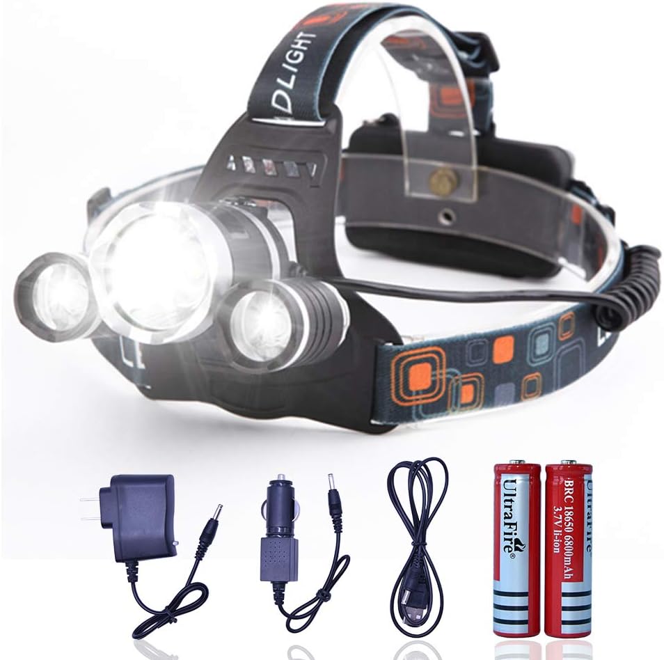 LED Headlamp, 6000 Lumens 4 Modes with 3 Light Bulbs Waterproof Head Flashlight Use for Hiking Camping Fishing Running Cycling (2 Piece Rechargeable 18650 Battery Included)