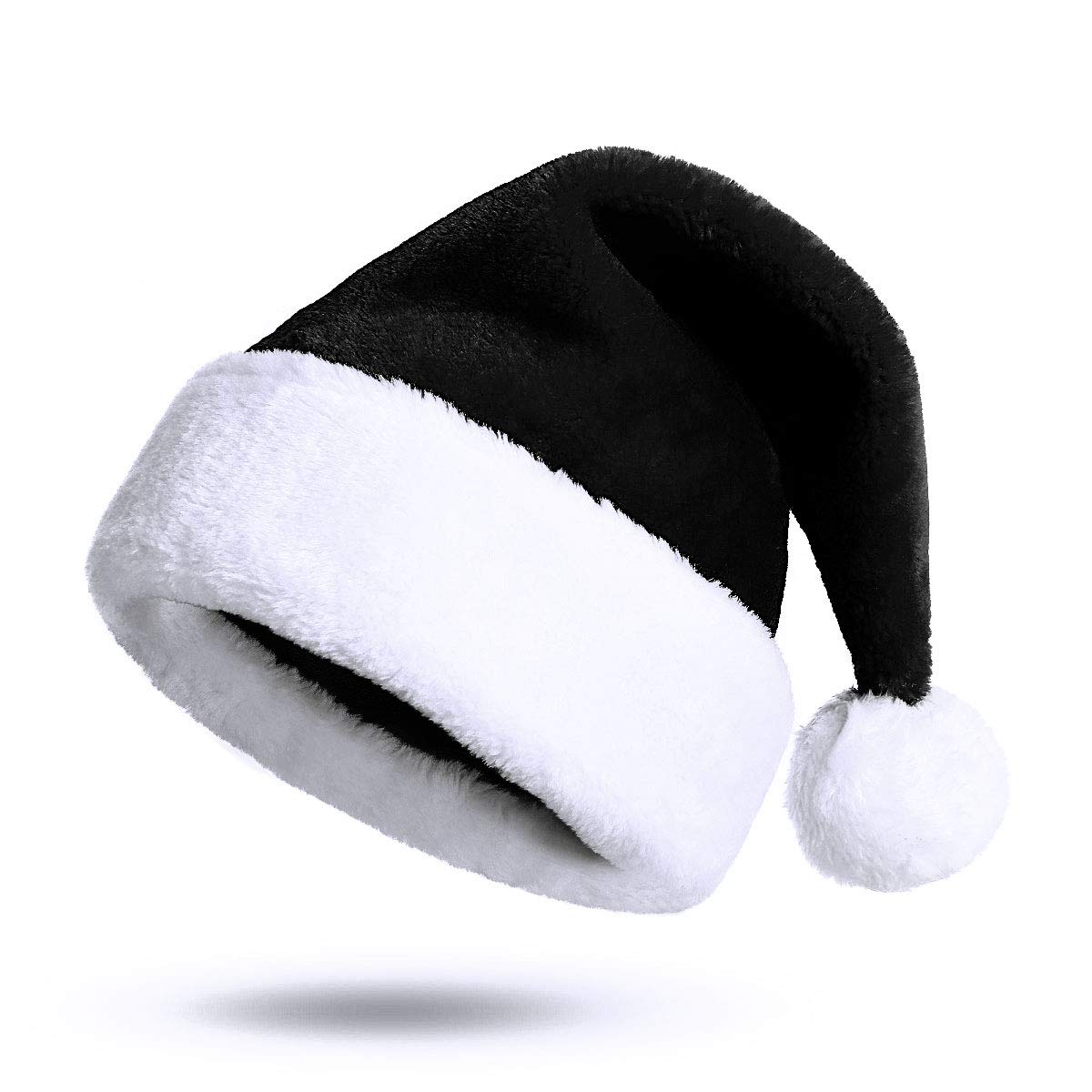 KONVINIT Black Xmas Hat Christmas Hat for Adult Deluxe Plush Santa Hat with a Faux Fur Pompom on top for Men and Women Santa Costume,black