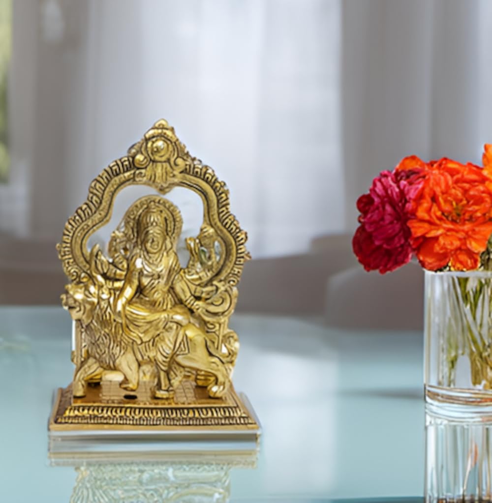 Purpledip Metal Idol Durga Sherawali Ma: Golden Statue Sitting In Mandap Canopy (12626)