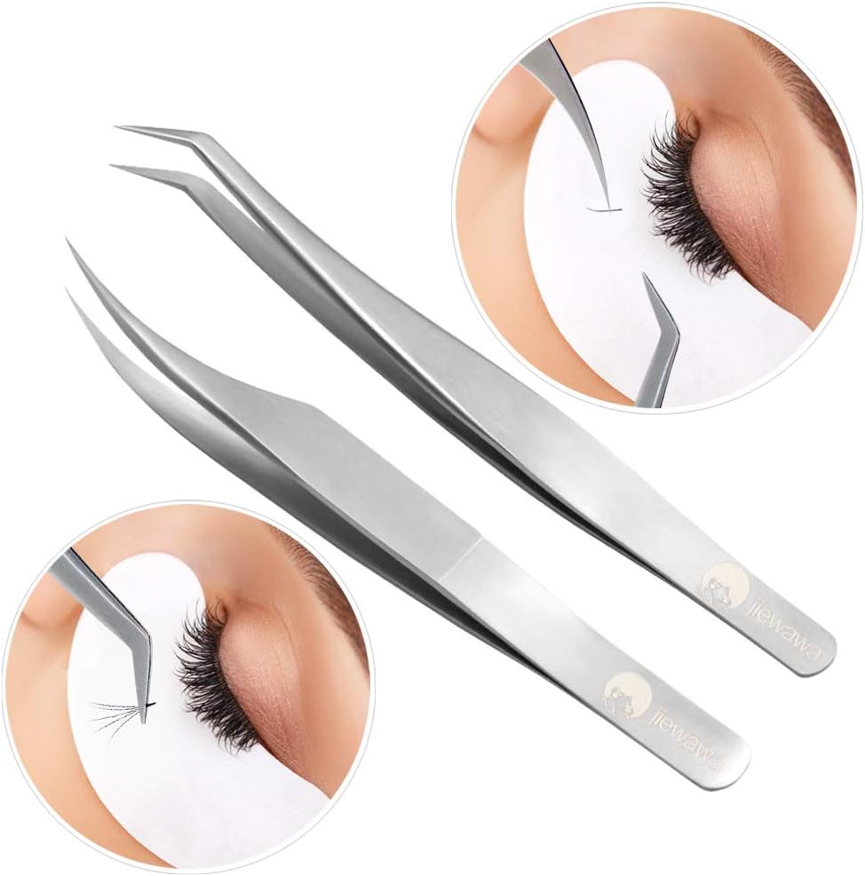 2 Pieces Dolphin-shaped and Curved Tip Tweezers Nipper for Eyelash Extensions, Stainless Steel Tweezers Precision Set Professional Tweezer for False Lash, for Single Lash and 3D-6D Volume Lashes