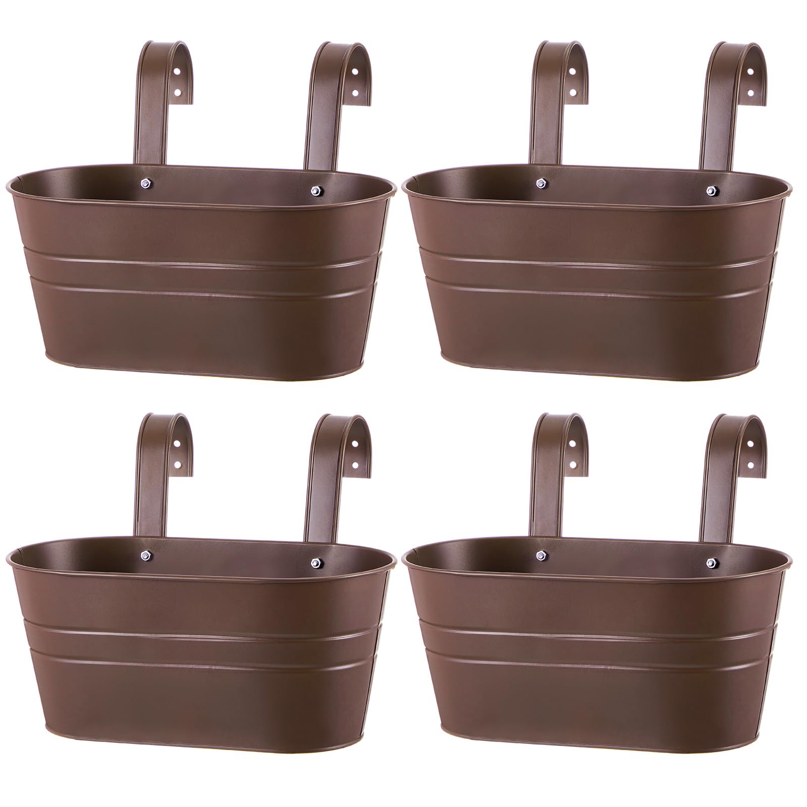 Photo 1 of Hicarer 4 Pcs Metal Hanging Flower Pots for Railing Fence, 10.6 Inch Hanging Rail Planters for Outdoor Window Balcony Plants Holder with Hooks for Garden Yard Home Decor (Chocolate)