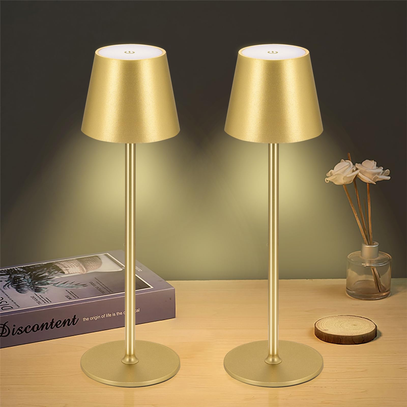 Photo 1 of IMQSQIK Cordless Table Lamps USB Rechargeable Simplicity Desk Lamp Built-in 4600 mAh Battery LED Battery Operated lamp with Touch Control Table lamp - Bedroom/Desk/Reading/Patio(2Pcs-Gold)
