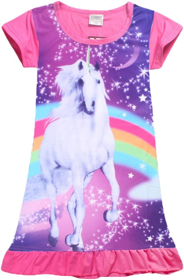 Comfy Girls Unicorn Printed Rainbow Princess Casual Dress Nightgown Nightie