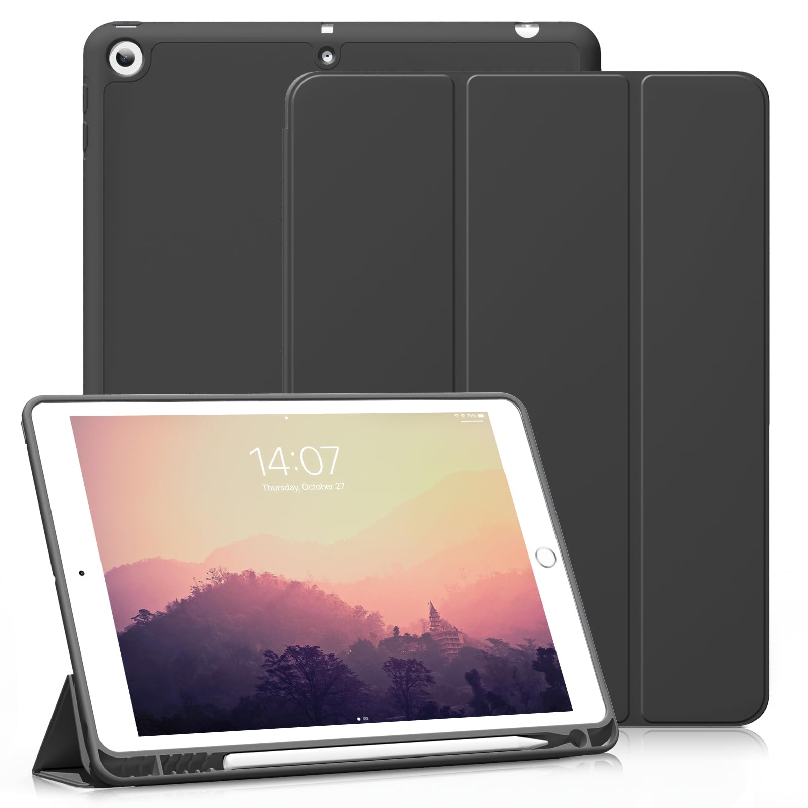 ZOYU Case for iPad 6th Generation 2018 / 5th Gen 2017 9.7 Inch with Pencil Holder, Slim Lightweight Smart Trifold Stand Protective Cover, TPU Soft Silicone Magnetic Auto Sleep/Wake, Black