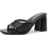 GOUPSKY Women's Chunky Heel Mules Slip On Square Open Toe Mesh Sandals Summer Dressy Block Heeled Shoes for Vacation Party Wedding