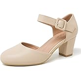 Women's Ankle Strap Pumps Closed Round Toe Buckle Low Chunky Block Heel D'Orsay Sandals Comfortable Dress Wedding Party Office Shoes