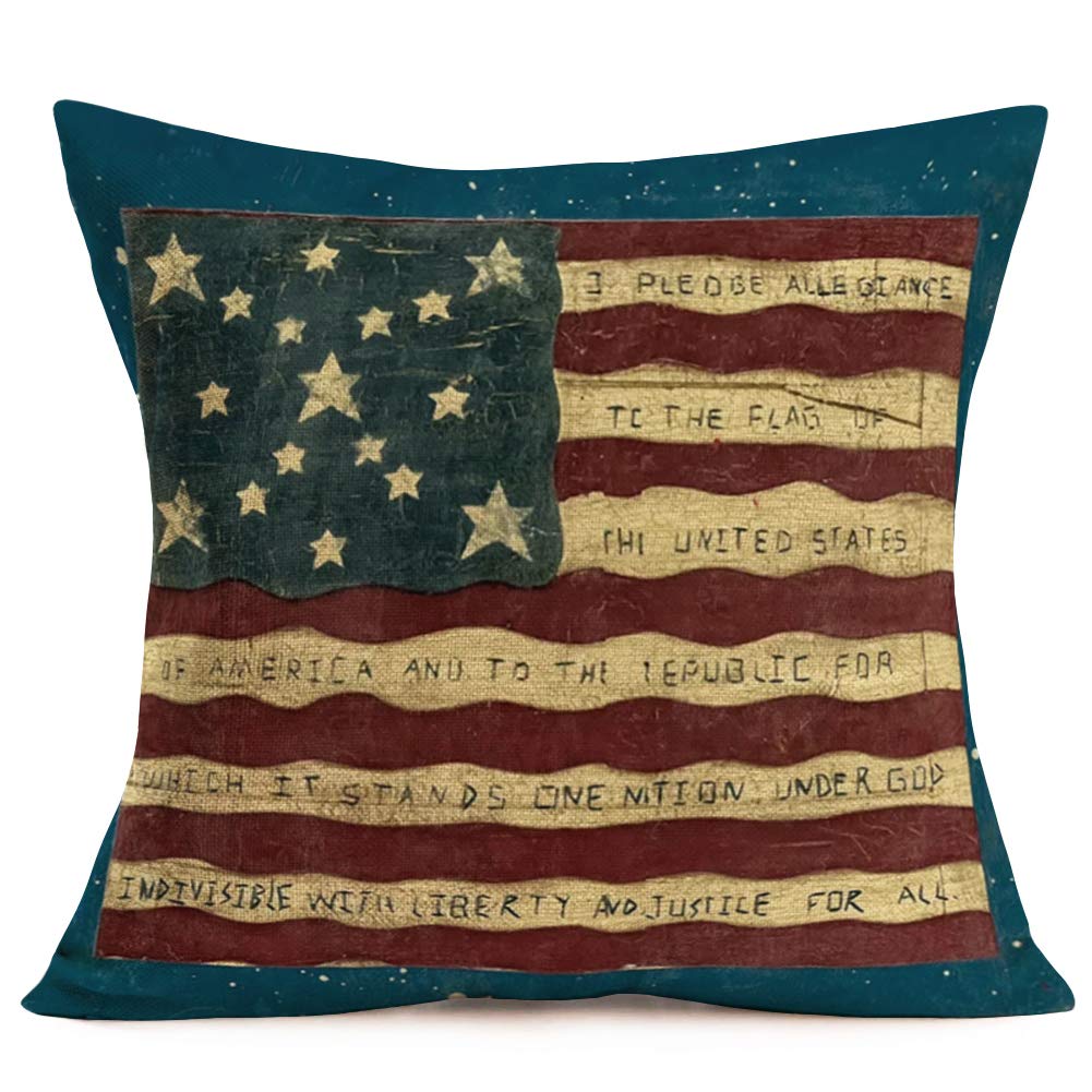 TlovudoriVintage American Flag Pillow,USA Flag Throw Pillow Cotton Linen Square Cushion Cover Retro Quote Lettering Pillowcase for Home Decor Patriotic Independence Day Sofa Bed18X18 Inch (VA-Flag)