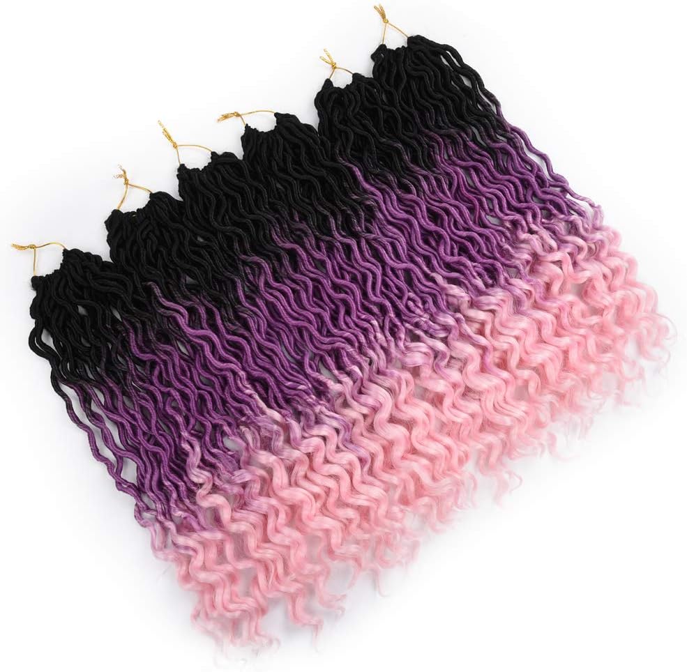 HEESAGA Goddess Locs Crochet Hair, Ombre Faux Locs Braiding Crochet Hair with Curly Ends - 20 Inch 6 Bundles/Pack (#Black/Purple/Rose Red)