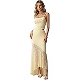winkbay Women's 2 Piece Going Out Outfits Summer Cute Lace Ruffle Crop Top and Fishtail Maxi Skirt Party Sets